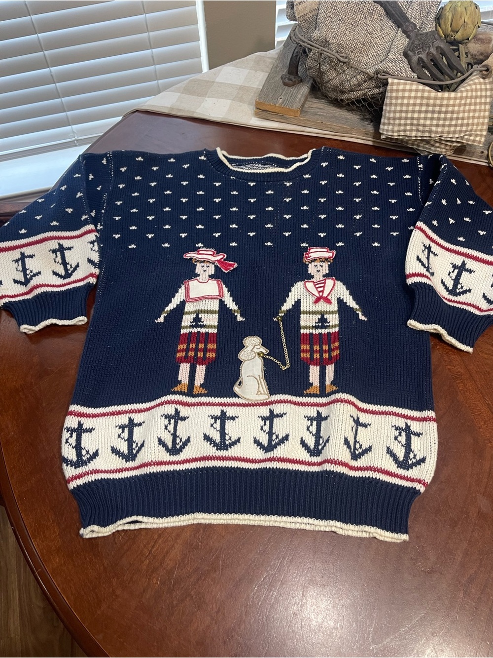 VTG 80s Hand-Knit Nautical sailor poodle sweater